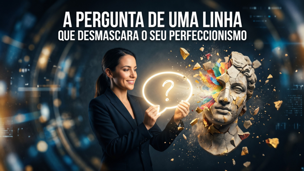 Mulher advogada segurando um balão de pergunta luminoso ao lado de uma escultura clássica se quebrando, simbolizando a quebra do perfeccionismo