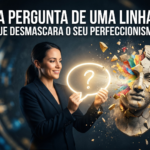 Mulher advogada segurando um balão de pergunta luminoso ao lado de uma escultura clássica se quebrando, simbolizando a quebra do perfeccionismo