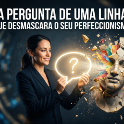 Mulher advogada segurando um balão de pergunta luminoso ao lado de uma escultura clássica se quebrando, simbolizando a quebra do perfeccionismo