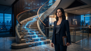 Advogada em escritório moderno diante de uma escada futurista com circuitos de inteligência artificial, representando o primeiro degrau da advocacia transformado pela IA