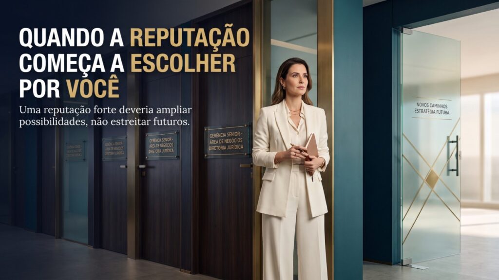 Advogada de terno claro em pé num corredor de escritório, ao lado de portas fechadas com placas idênticas de gerência sênior e diretoria jurídica, e de uma porta de vidro aberta com a inscrição novos caminhos e estratégia futura