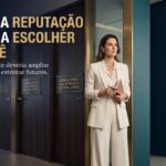 Advogada de terno claro em pé num corredor de escritório, ao lado de portas fechadas com placas idênticas de gerência sênior e diretoria jurídica, e de uma porta de vidro aberta com a inscrição novos caminhos e estratégia futura