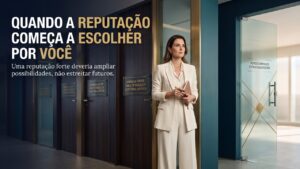 Advogada de terno claro em pé num corredor de escritório, ao lado de portas fechadas com placas idênticas de gerência sênior e diretoria jurídica, e de uma porta de vidro aberta com a inscrição novos caminhos e estratégia futura