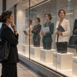Advogada observa uma vitrine em que cinco versões de si mesma estão expostas como produtos, da V1.0 à V5.0