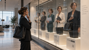 Advogada observa uma vitrine em que cinco versões de si mesma estão expostas como produtos, da V1.0 à V5.0