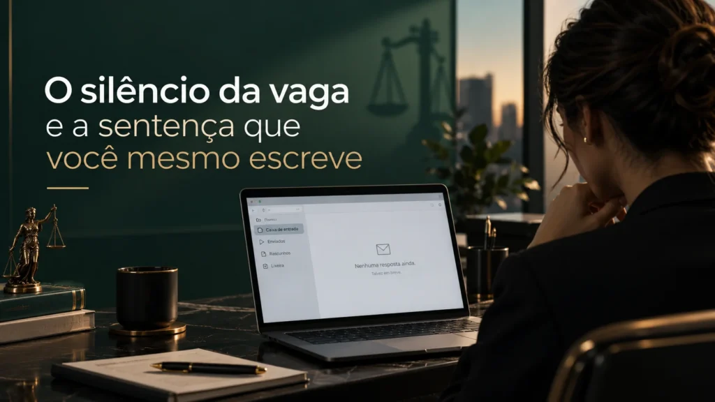 Advogada diante do notebook com a caixa de entrada vazia, à espera de resposta de um processo seletivo