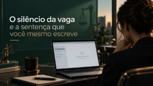 Advogada diante do notebook com a caixa de entrada vazia, à espera de resposta de um processo seletivo