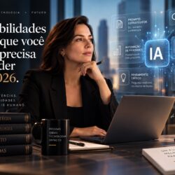 Advogada pensativa diante do notebook, com painéis de inteligência artificial ao fundo e o título As habilidades de IA que você ainda precisa aprender em 2026