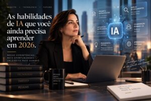 Advogada pensativa diante do notebook, com painéis de inteligência artificial ao fundo e o título As habilidades de IA que você ainda precisa aprender em 2026