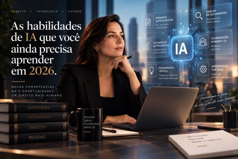 Advogada pensativa diante do notebook, com painéis de inteligência artificial ao fundo e o título As habilidades de IA que você ainda precisa aprender em 2026