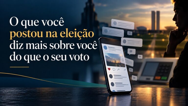 Celular com comentários de redes sociais diante do Congresso Nacional e de uma urna eletrônica, com o título O que você postou na eleição diz mais sobre você do que o seu voto