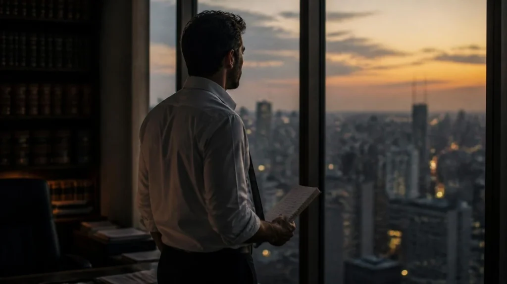 Advogado olha pela janela do escritório ao entardecer, segurando um caderno antigo dos tempos de faculdade