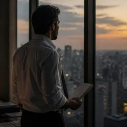 Advogado olha pela janela do escritório ao entardecer, segurando um caderno antigo dos tempos de faculdade
