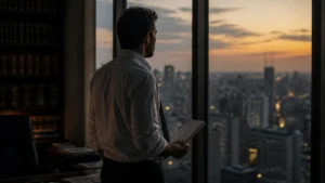 Advogado olha pela janela do escritório ao entardecer, segurando um caderno antigo dos tempos de faculdade